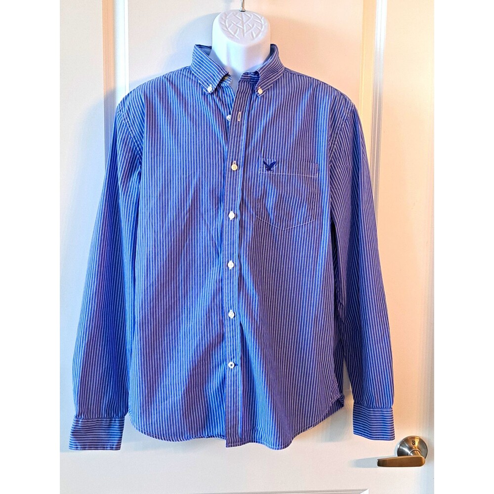American Eagle Outfitters Men's Large Shirt Blue White Stripe Classic Fit Button